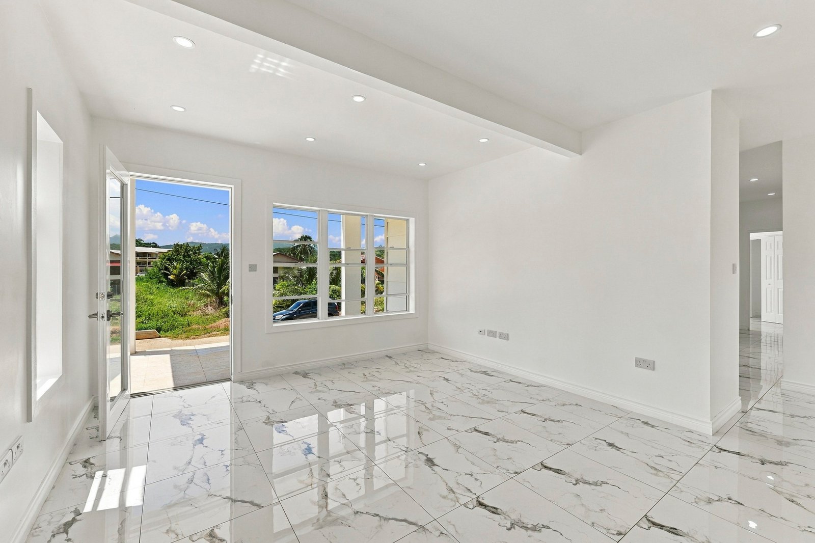 Unfurnished living area at Cinnamon Lot 120, with a glazed entrance door, wide window and white-and-grey patterned floor tiles.