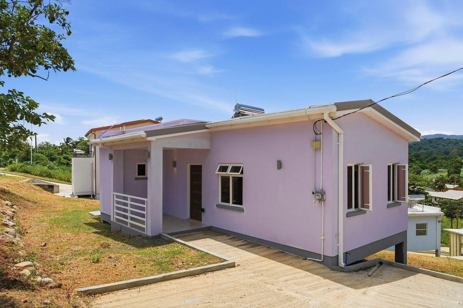 Hibiscus design, Lot 131: three-quarter exterior showing the purple house and entrance path.
