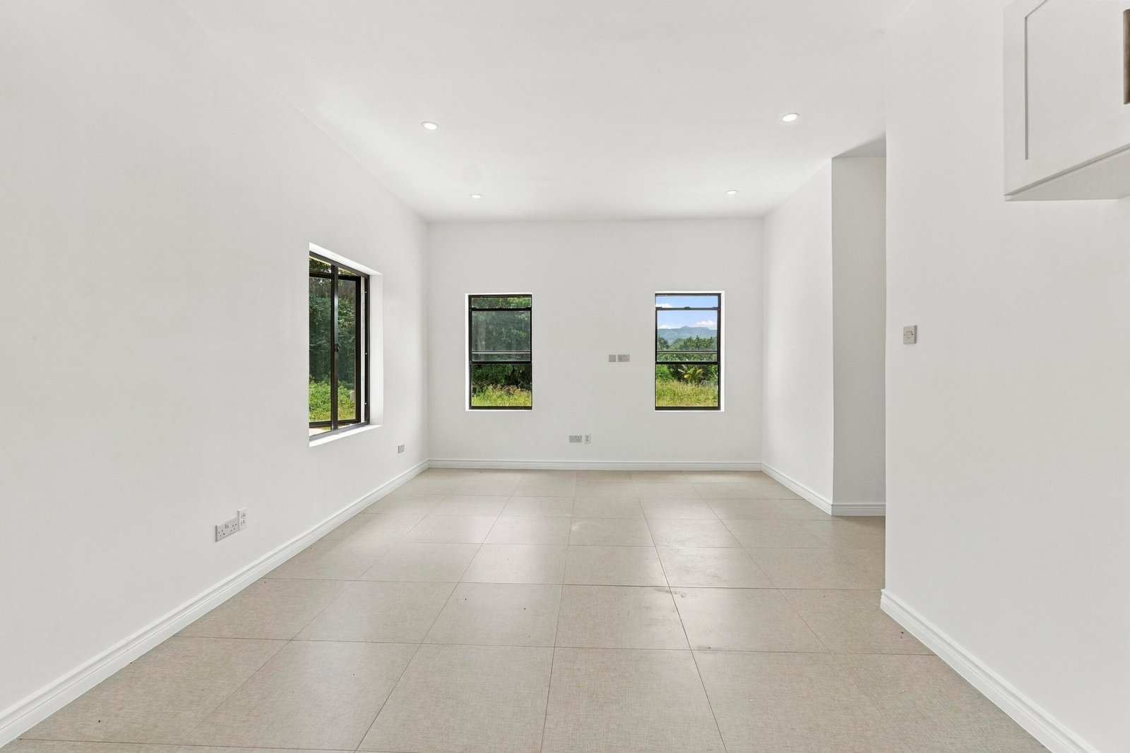 Sapodilla design, Lot 122: unfurnished open-plan living area with three windows.
